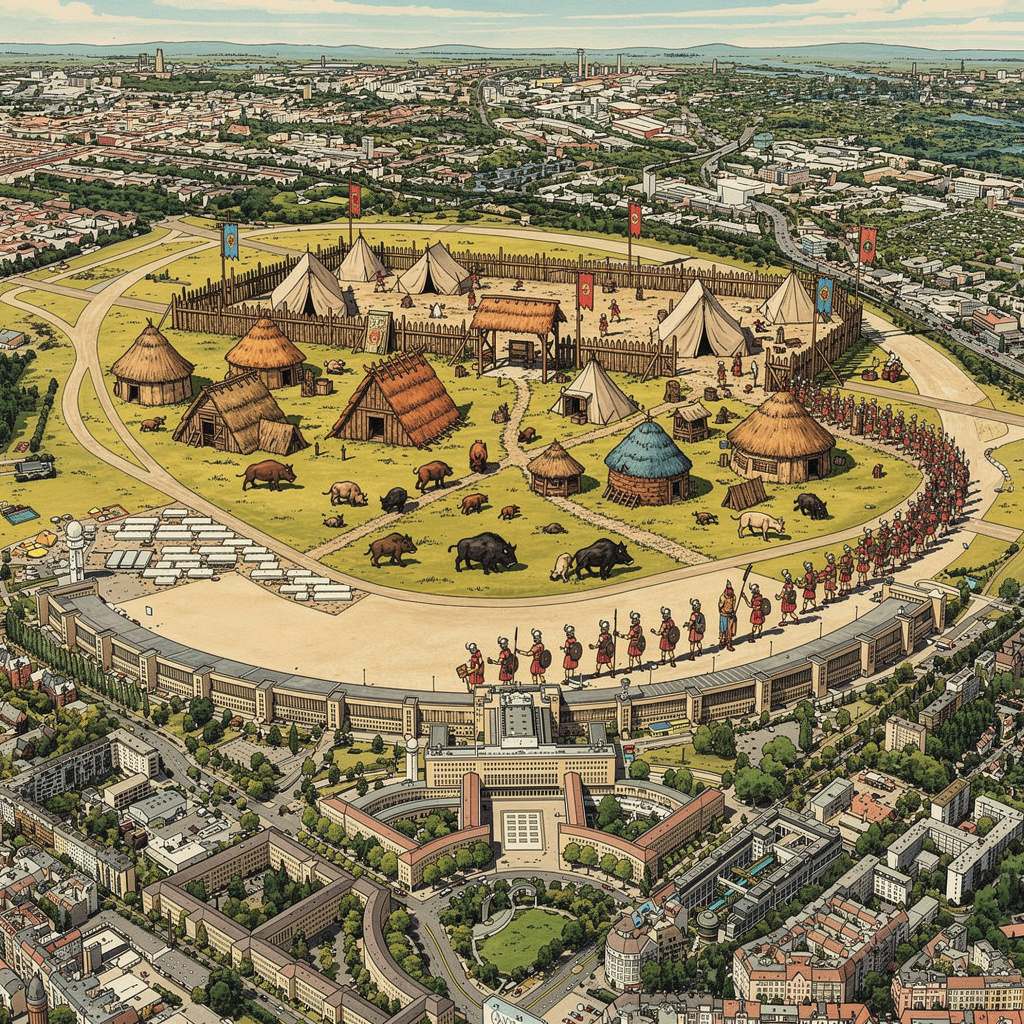 Tempelhofer Feld als gallisches Dorf im Comic-Stil, mit römischem Feldlager im Flughafengebäude und marschierenden Legionären