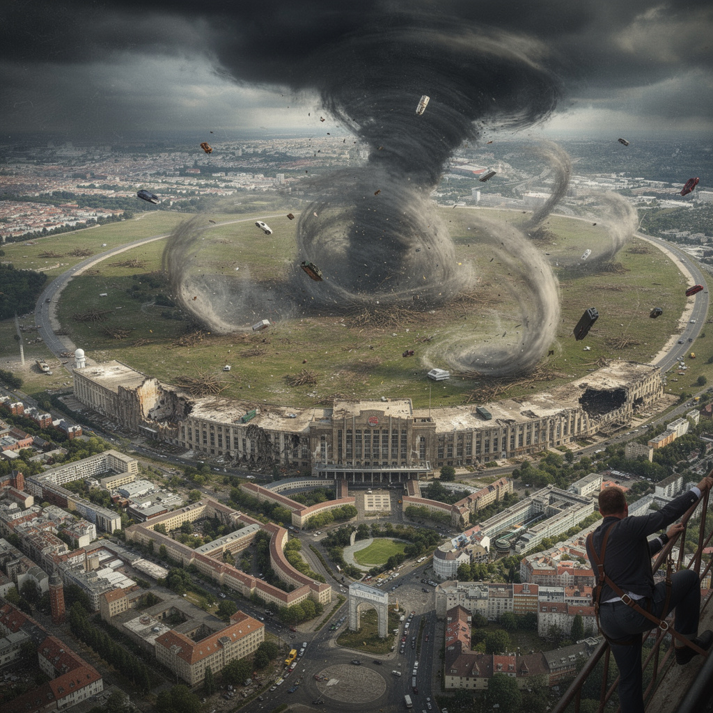Eine apokalyptische Zukunftsvision des Tempelhofer Feldes: Mehrere Tornados wirbeln über das Feld, das Flughafengebäude ist stark verwüstet. Am rechten Rand ein Mann, der sich mit Lederriemen an einem Geländer festhält, um nicht vom Tornado weggerissen zu werden.