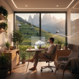 Vision der Arbeit im Jahr 2040: Entspanntes Smartworking in einer vernetzten Wohnung in Bozen, umgeben von Natur, Cloud-Technologie und Blick auf die Südtiroler Dolomiten.