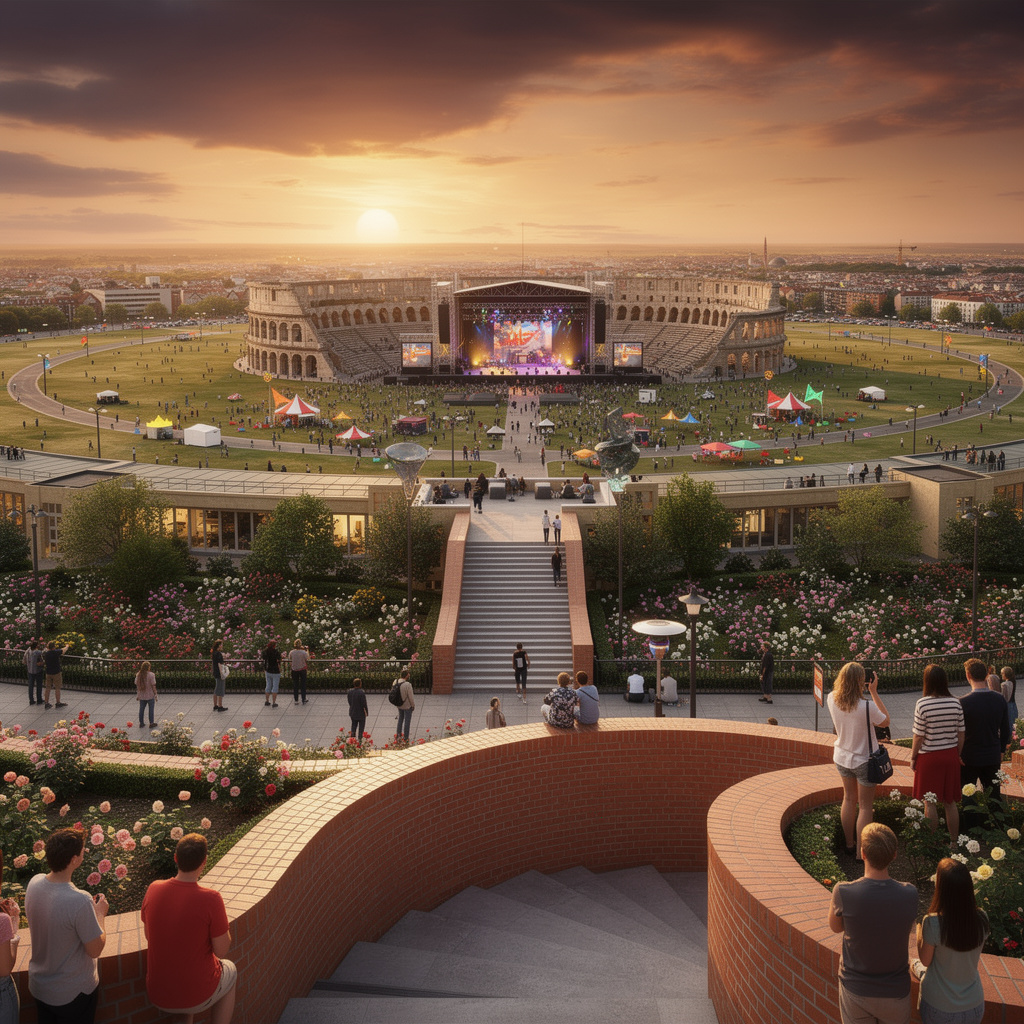 Eine futuristische Vision des Tempelhofer Feldes mit einer Festival-Arena auf der Wiese, einer Niemeyer-Treppe in Klinker-Optik im Vordergrund, einer monumentalen Treppe am Flughafengebäude die bis zum Rosengarten reicht, bei Sonnenuntergang.