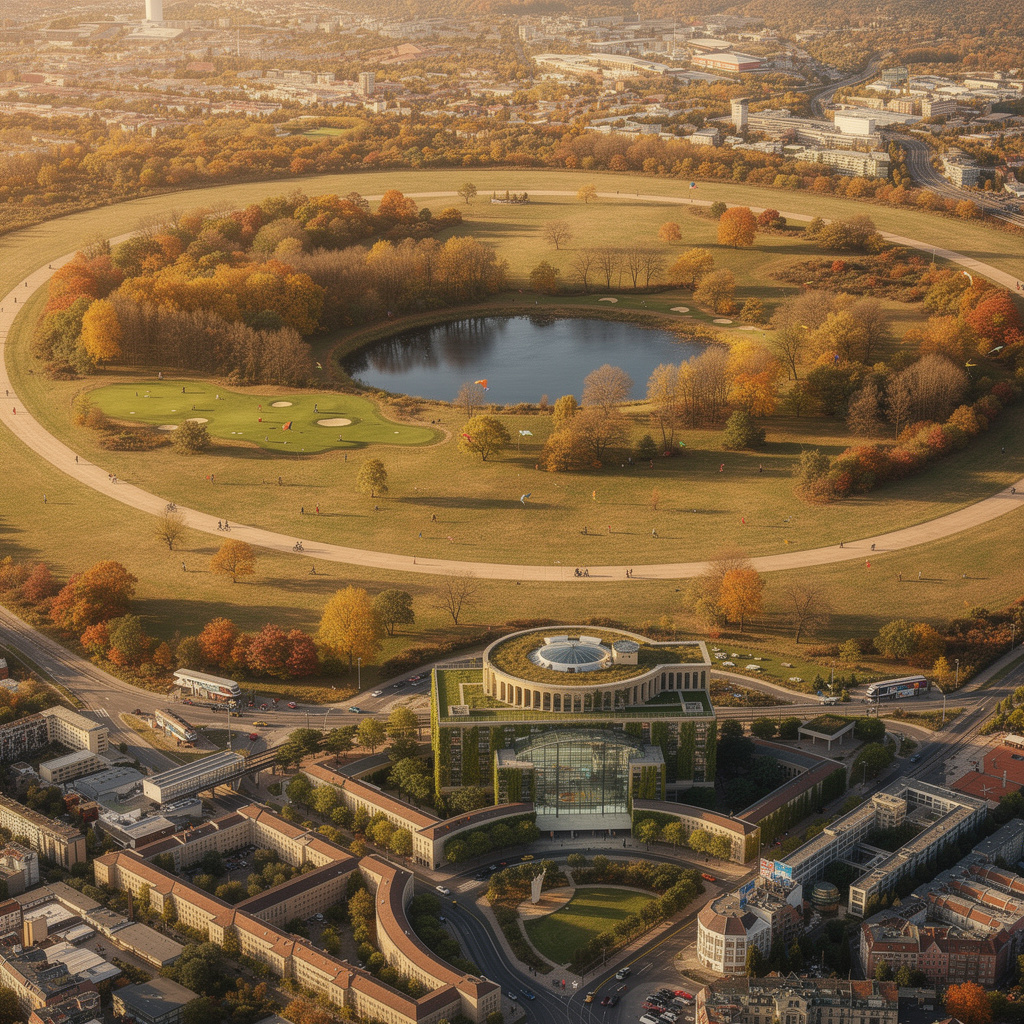 Zukunftsvision des Tempelhofer Feldes mit Teich, Wald, Golfplatz, begrünten Wohngebäuden am Südrand und neuem S-Bahn-Zugang, bei herbstlichem Wetter mit Menschen beim Sport und Drachensteigen.