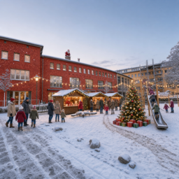 Das Haus der Jugend als Weihnachtswunderland: verschneiter Platz mit Weihnachtsbaum, Geschenken, Rutsche, Lichterketten, Weihnachtsmarkt, glitzernder roter Fassade und dem Weihnachtsmann am Schornstein.