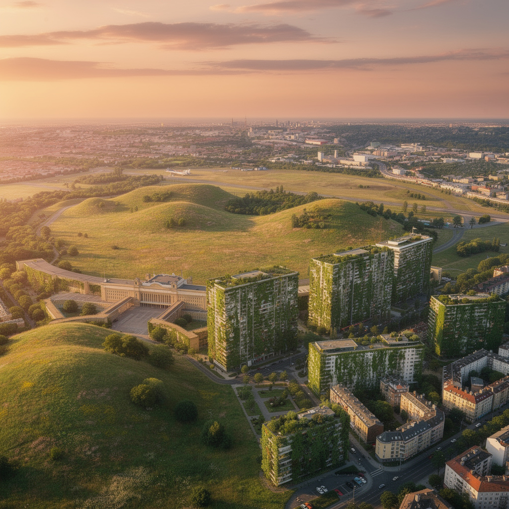Zukunftsvision des Tempelhofer Feldes: begrünte Randbebauung, sanfte grüne Hügel auf dem ehemaligen Rollfeld und warmes Sonnenuntergangslicht über dem Flughafengebäude.
