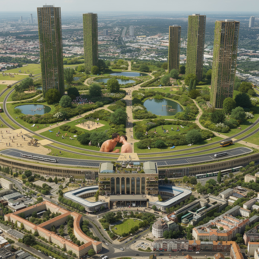 Eine grüne Utopie auf dem Tempelhofer Feld mit Holzhochhäusern, Seen und dem umgenutzten Flughafengebäude.