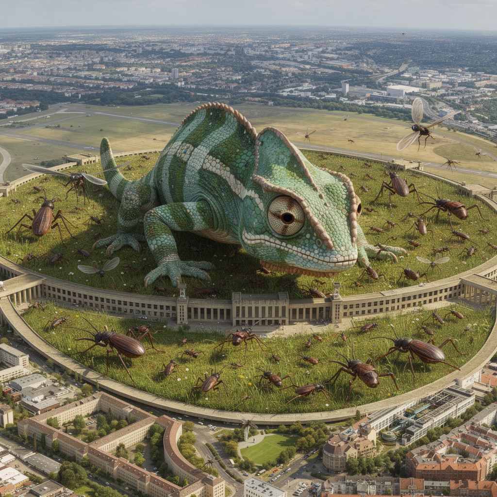 Eine surreale Zukunftsvision des Tempelhofer Feldes: Das Flughafengebäude als riesiges Chamäleon, das übergroße Insekten auf der Wiese fixiert - ein wimmelnder Sommertag voller Fantasie.