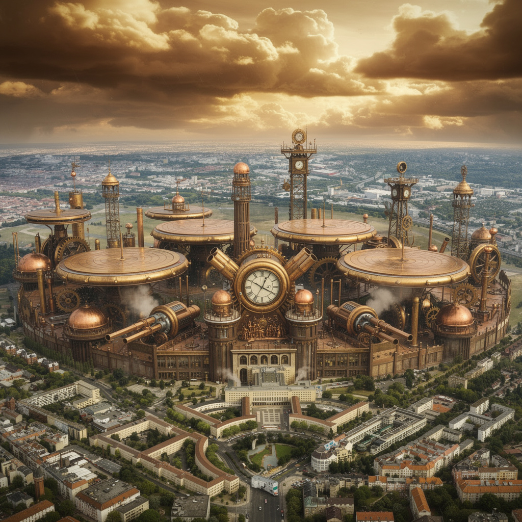Zukunftsvision des Tempelhofer Feldes im Steampunk-Stil: außerirdische Landestelle mit viktorianischer Industrial-Ästhetik, Messing, Kupfer und Dampfmaschinen, Flughafengebäude als befestigtes Abwehrzentrum