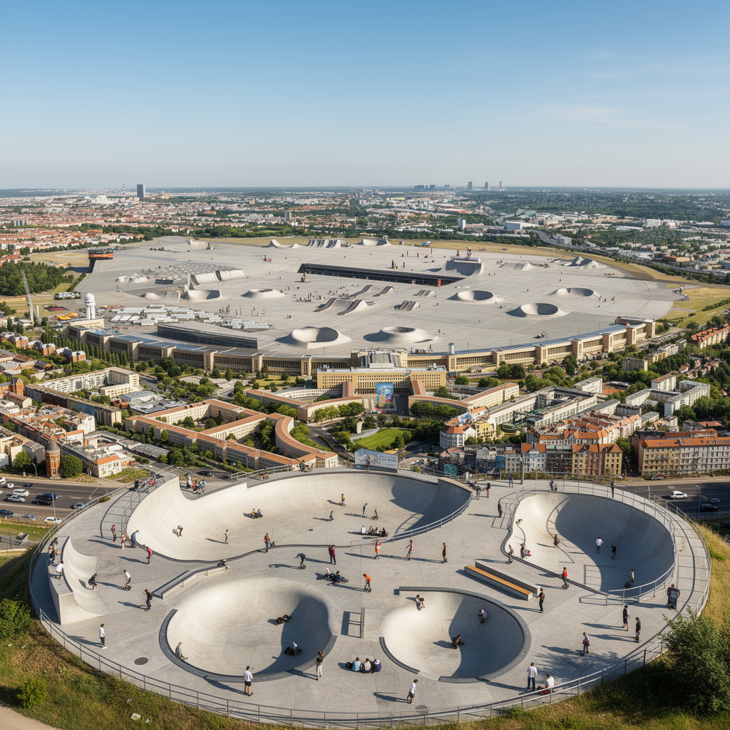 Zukunftsvision des Tempelhofer Felds mit einem großen Skatepark auf der Wiesenfläche und dem Rollfeld sowie Skaterampen auf dem Dach des historischen Flughafengebäudes.