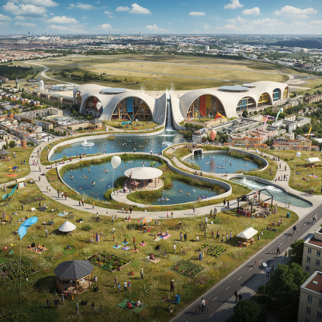 Fröhliche Zukunftsvision des Tempelhofer Feldes mit mehr Oscar Niemeyer-Architektur: organische Betonstrukturen mit geschwungenen Formen, bunten Farben, vielen Menschen beim Drachensteigen und Aktivitäten, nachhaltigem Wasserkonzept und lebendiger Atmosphäre.
