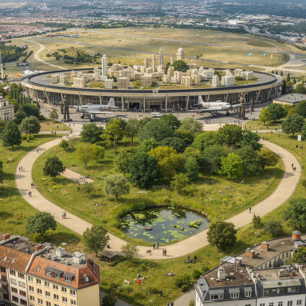 Eine Zukunftsvision des Tempelhofer Feldes in Berlin mit grünem Naturgelände, Teich, Flughafenmuseum und Aussichtsplattform