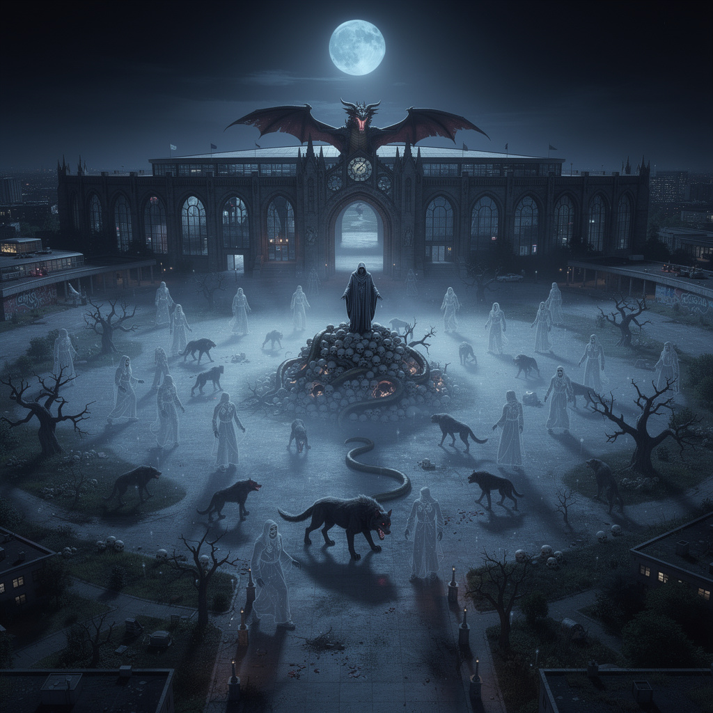 Düstere Zukunftsvision: Das Tempelhofer Feld als gespenstische Versammlungsstätte in einer eiskalten Vollmondnacht mit dem Sensenmann, Dämonen und einem Drachen am Flughafengebäude als Tor zur Unterwelt.