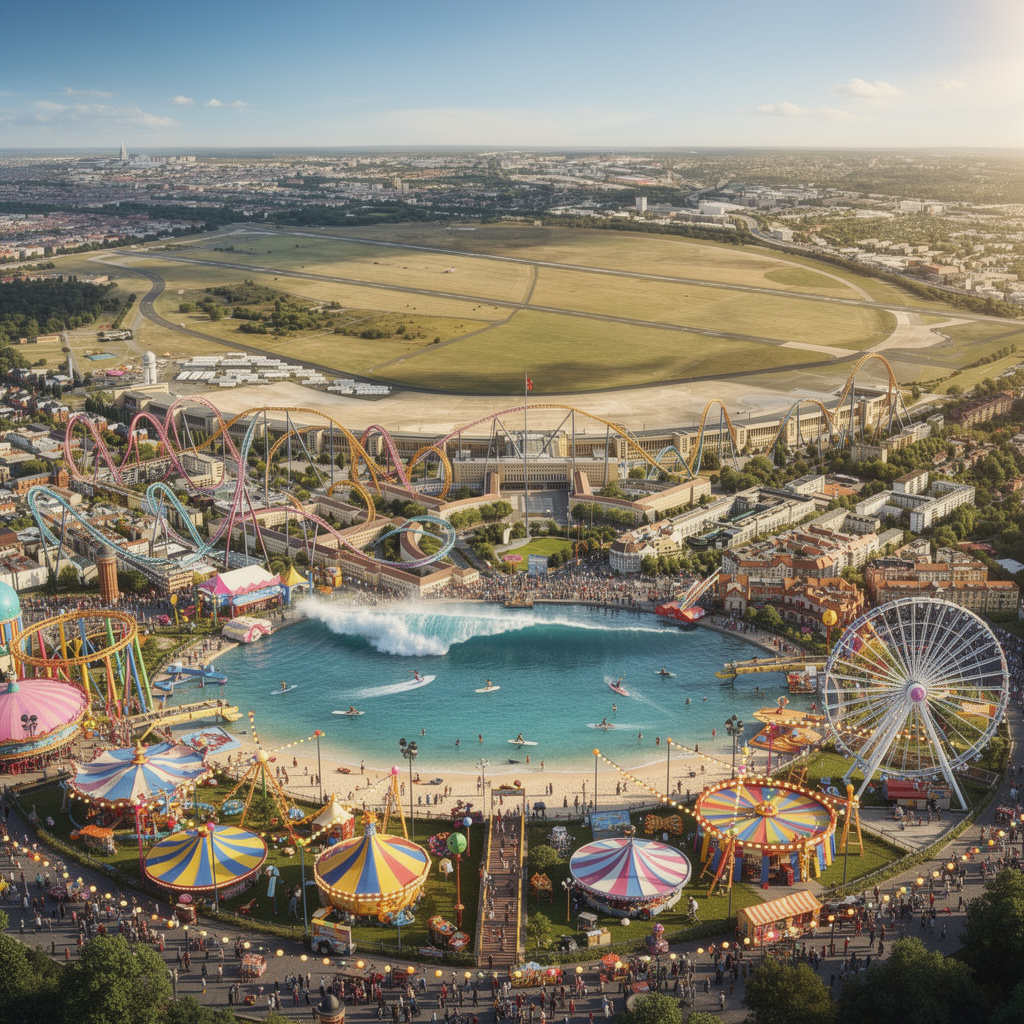 Zukunftsvision des Tempelhofer Feldes: ein Freizeitpark säumt den Rand des Feldes, in der Mitte ein See mit künstlicher Surfwelle, alles bei strahlendem Sonnenschein.