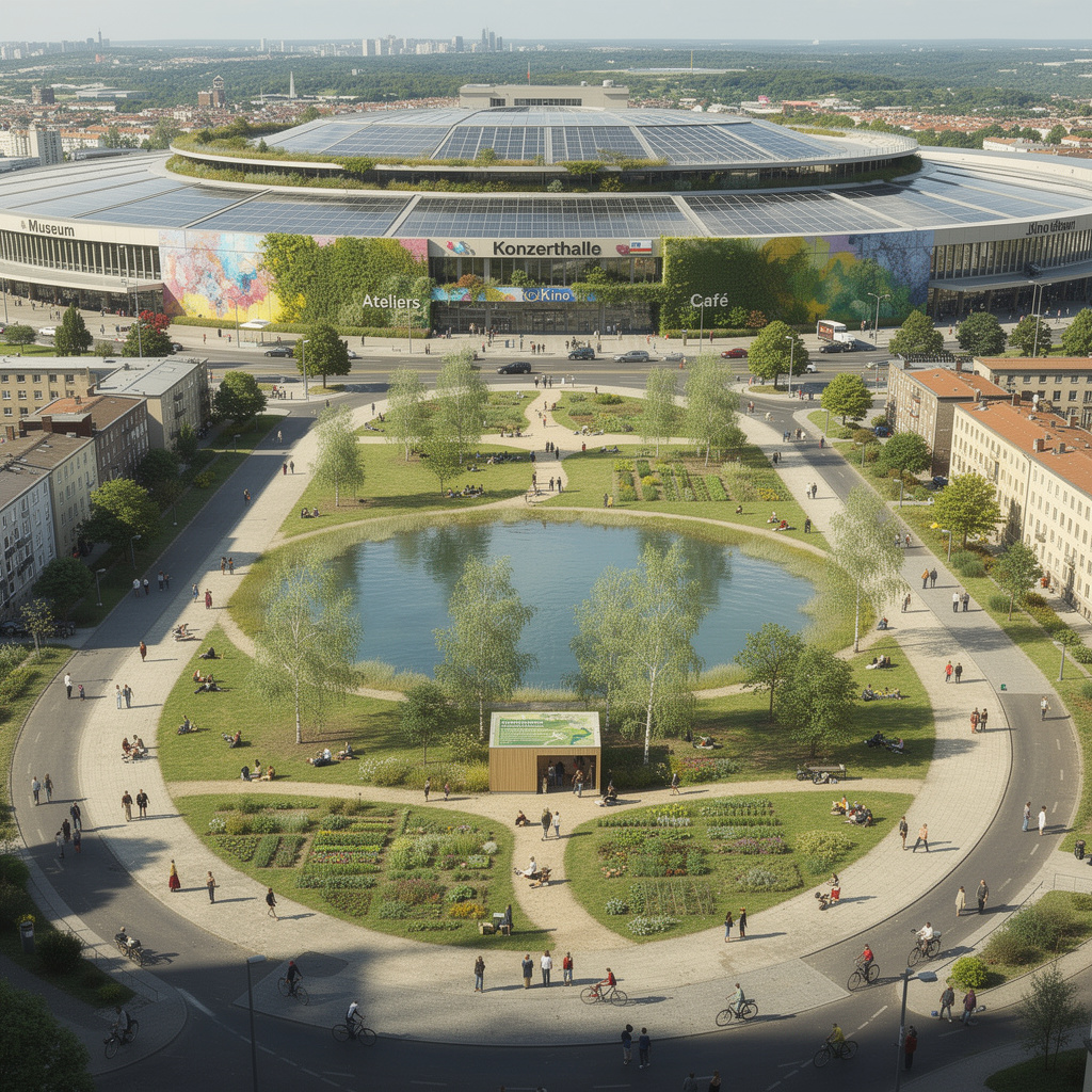 Zukunftsvision des Tempelhofer Feldes mit zentralem Teich, Birkenhainen, klimaresistenten Baumgruppen, einem Lernpavillon und dem nachhaltig umgestalteten Flughafengebäude als kulturelles Zentrum - ein Spiegel der Vielfalt Berlins.