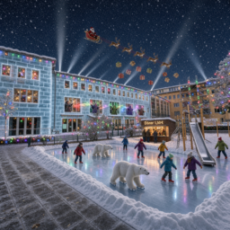 Das Haus der Jugend als Iglu aus Eisblöcken: Davor eine Schlittschuhbahn mit Kindern und Eisbären, Lichterketten, Strahler, der Weihnachtsmann am Himmel und eine Dönerbude für 1,50 €.