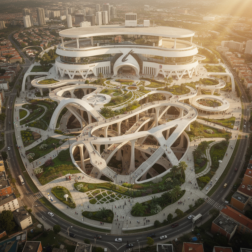 Zukunftsvision Tempelhofer Feld: Escher-Architektur mit Niemeyer-Brasília-Stil, MI6-Gebäude, keine Arena, atmosphärisch, glückliche Menschen, bodennahe Perspektive
