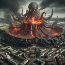 Dystopische Vision des Tempelhofer Feldes mit einem Höllentor, einem Cthulhu-artigen Wesen, Lava und Asche. Das Flughafengebäude ist mit unheilvollen Reliefs versehen, die Luft schimmert schwarz-grün.