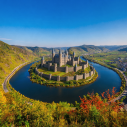 Die Moselschleife bei Bremm im Jahr 2045: Mitten auf der Halbinsel erhebt sich eine riesige Burg zwischen den herbstlichen Weinbergen.