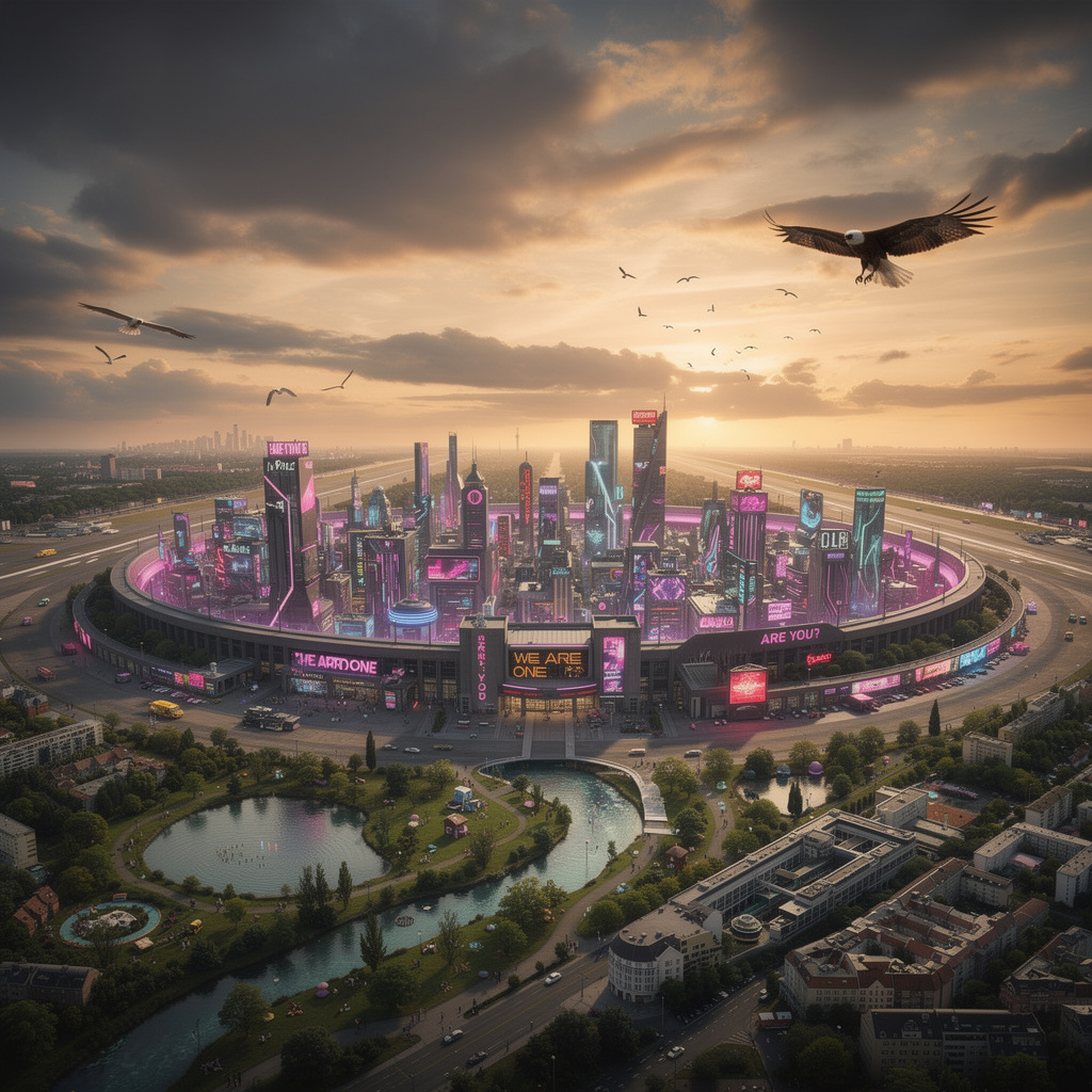 Eine dystopische Cyberpunk-Vision des Tempelhofer Feldes mit Neonfassade und Naturlandschaft bei Sonnenuntergang.