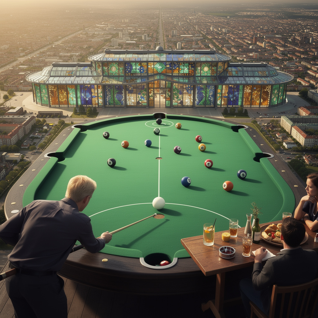 Visionäre Zukunft des Tempelhofer Felds als riesiges 8-Ball-Billiard-Spielfeld, mit dem Flughafengebäude als Tiffany-Lampe, einem Spieler in natürlicher Spielposition und einer Kneipentisch-Szene am äußersten Rand.