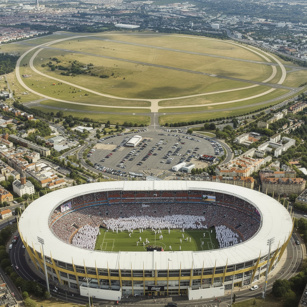 Zukunftsvision des Tempelhofer Feldes mit einem neuen Fußballstadion anstelle des Flughafengebäudes, Parkplatz auf dem Feld, und einem spannenden Spiel mit Torjubel.