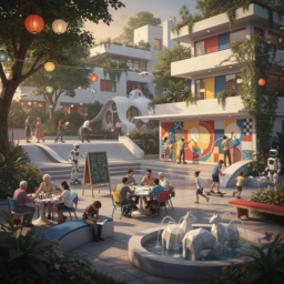 Ein öffentlicher Platz im Jahr 2040 in einer Welt ohne Arbeitszwang: Bauhaus-Architektur durchdrungen von Grünflächen und verspielten Elementen. Menschen debattieren, malen, skaten, tanzen und spielen gemeinsam in harmonischer, freudvoller Atmosphäre.