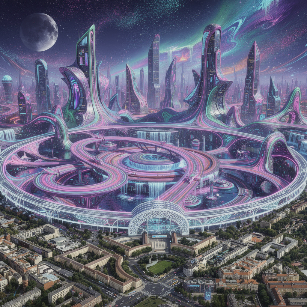 Verschwommene psychedelische Tronstadt-Vision des Tempelhofer Feldes bei Nacht mit wirbelnden Effekten.