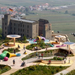 Das Hambacher Schloss im Jahr 2045: Ein Spielplatz für alle Generationen, auf dem Jung und Alt gemeinsam spielen.