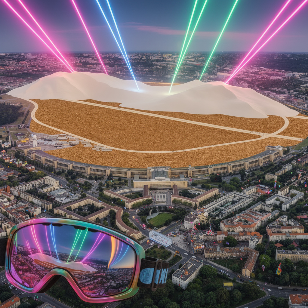 Surreale Zukunftsvision: Das Tempelhofer Feld als Spanplatte mit weißer Wanderdüne statt Flughafengebäude, bunte Lichterorgeln am Himmel und eine riesige Skibrille im Vordergrund.
