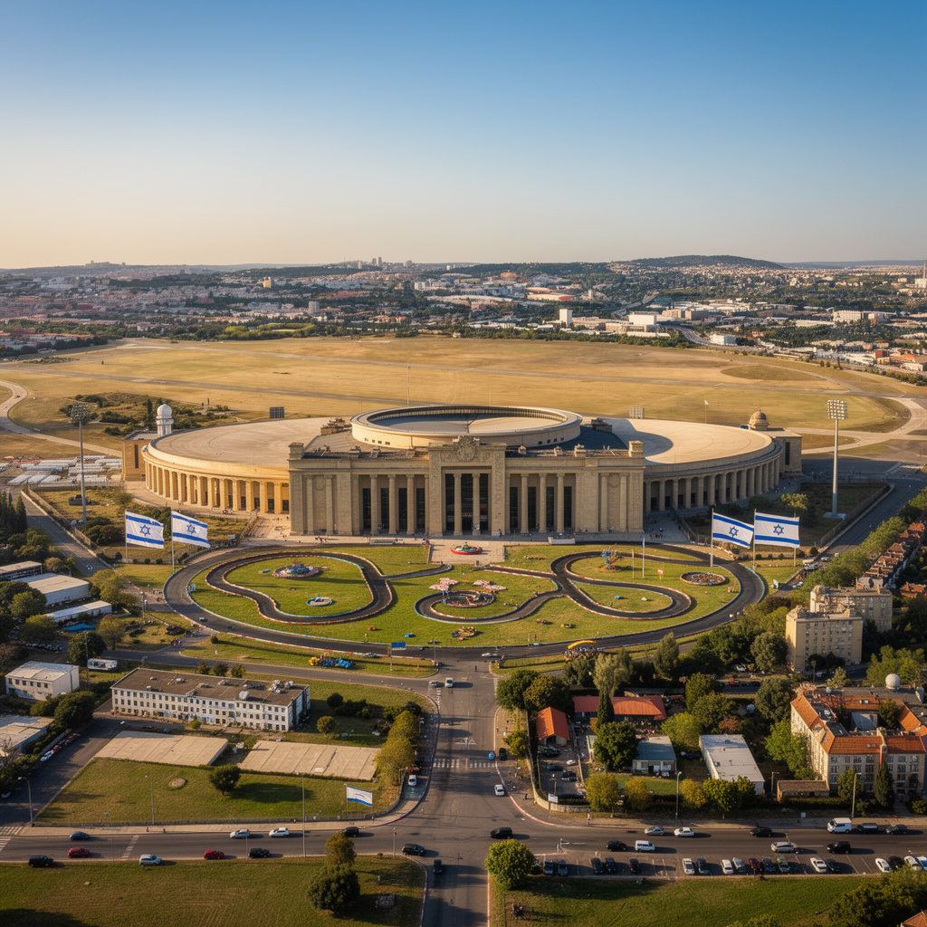 Eine Vision des Tempelhofer Feldes als Mahnmal: Das historische Flughafengebäude restauriert, die Wiese mit Kinder-Kartparcour und israelischen Flaggen bei sonnigem Wetter.