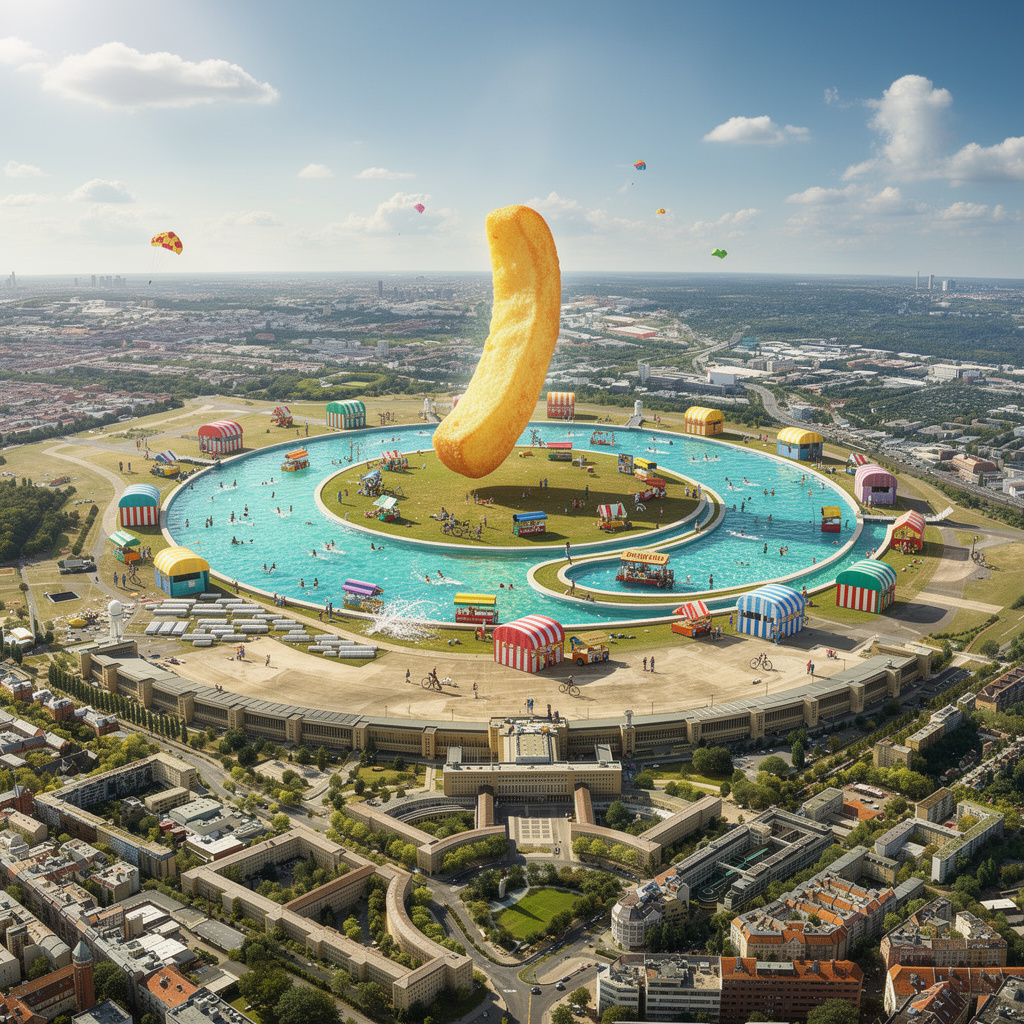 Zukunftsvision des Tempelhofer Feldes mit einem Schwimmbad rund um das Feld, kleinen Pommes-Ständen auf dem Feld und einer riesigen schwebenden Pommes in der Mitte.
