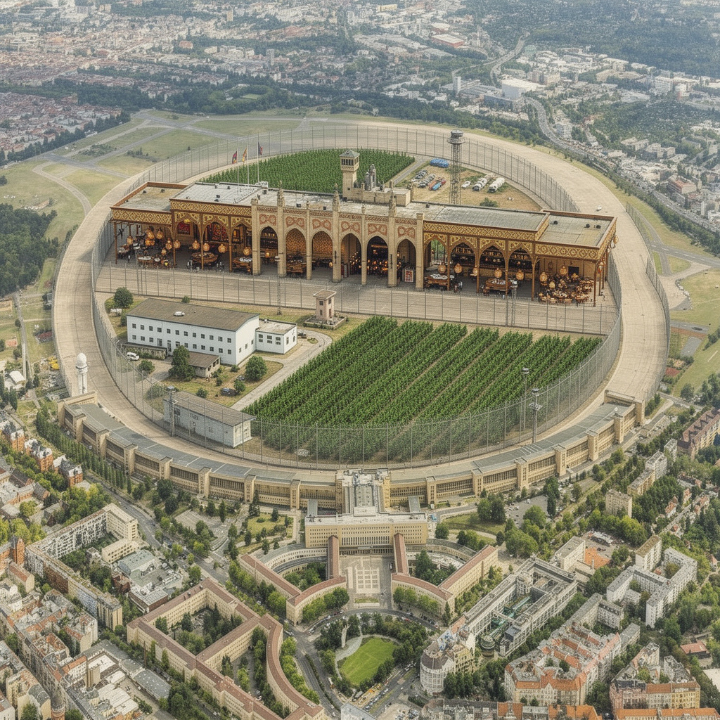 Zukunftsvision des Tempelhofer Feldes mit Abschiebehaft-Anlage, Hanfanbauflächen und einer Shishabar im Flughafengebäude.