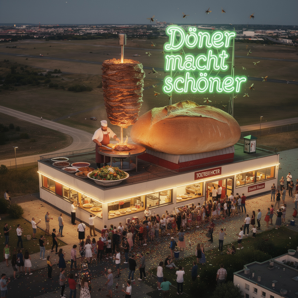Eine futuristische Vision des Tempelhofer Feldes als Döner-Paradies: Ein riesiger Dönerspieß auf dem Feld, das Flughafengebäude als Dönerbar mit leuchtender Neonreklame "Döner macht schöner" im Berliner Nachthimmel, und eine lange Schlange feierlustiger Menschen.