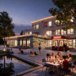 Die Lindenhof-Grundschule in der Zukunft: eine bunte, weiche "squishy" Schule am Abend mit Lichterketten, einem Döner-Stand, einem See und Kindern, die turnen und gemeinsam Sushi rollen.