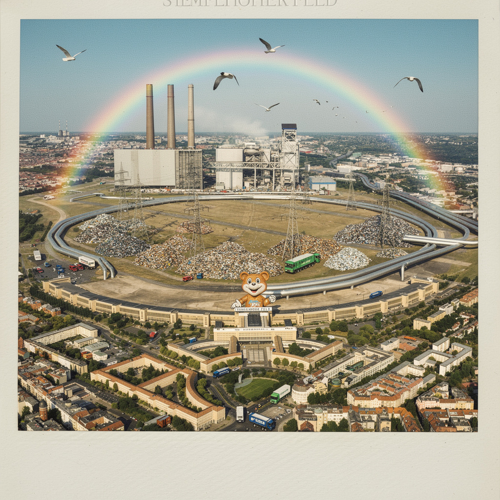 Vision des Tempelhofer Feldes als Müllverbrennungsanlage mit Werkstor-Gebäude, sonniger Tag mit Regenbogen im Retro-Polaroid-Stil