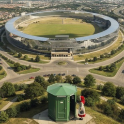 Zukunftsvision des Tempelhofer Feldes mit Randbebauung, dem spiegelverglasten Flughafengebäude "The Line" und einer vergrößerten grünen achteckigen öffentlichen Toilette im Vordergrund