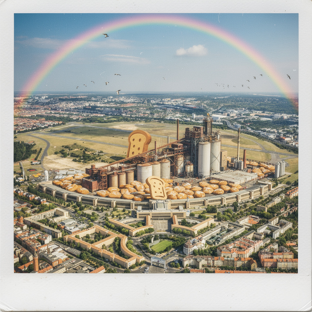 Zukunftsvision: Das Tempelhofer Feld als industrielle Getreidemühle mit Brotfabrik, das Flughafengebäude als Werkstor mit Brot-Logo, sonnig mit Regenbogen und Vögeln im Retro-Polaroid-Stil.
