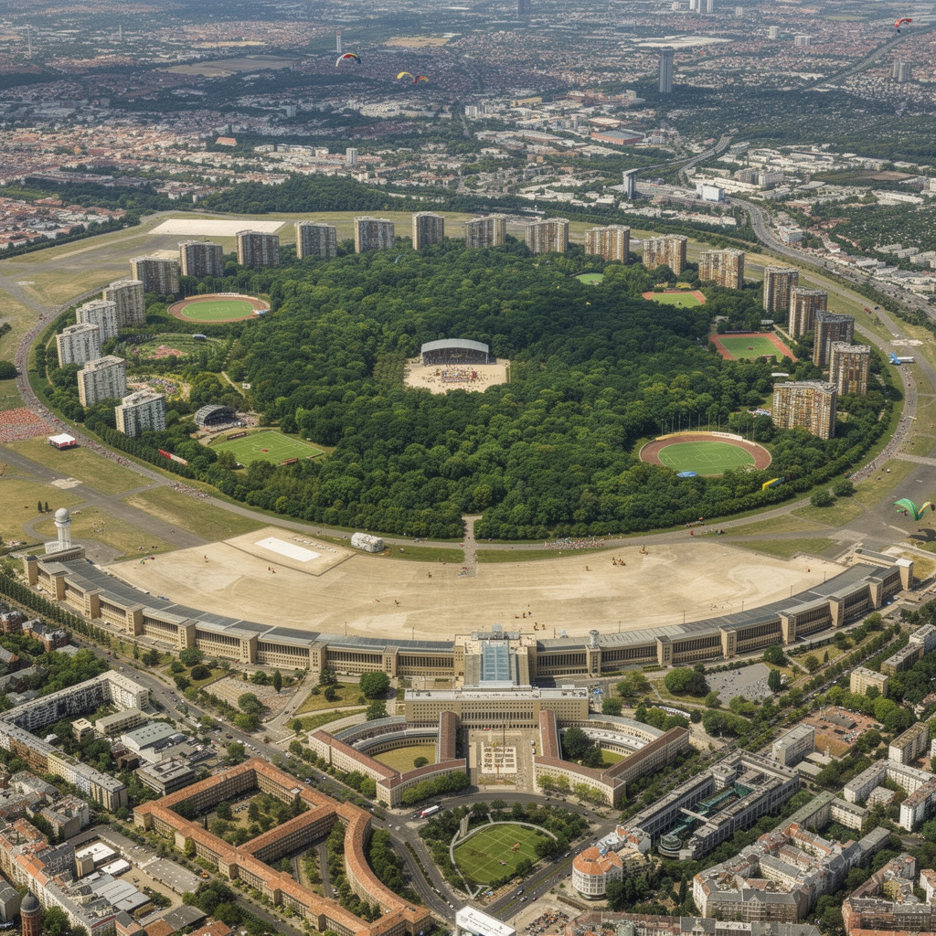 Visionäre Zukunftsgestaltung des Tempelhofer Feldes mit bewaldeten Flächen, Sportanlagen, Freilichtbühne, Wohnbebauung am Rand und dem historischen Flughafengebäude als Kulturzentrum.