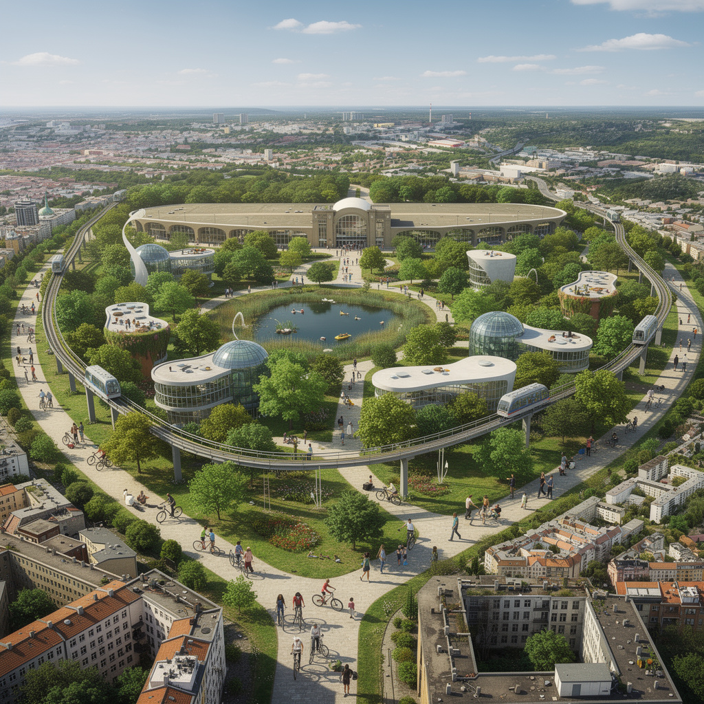 Zukunftsvision des Tempelhofer Feldes als autofreier grüner Universitätscampus mit organischen Fakultätsgebäuden, Park mit Teich vorn, aufgelockerter Ringstruktur und vielen Bäumen.