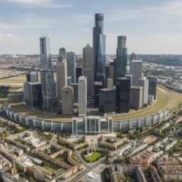 Vision des Tempelhofer Feldes mit Hochhäusern im New York-Stil auf dem Feld und dem Flughafengebäude im gleichen Stil, umgebende Bebauung unverändert