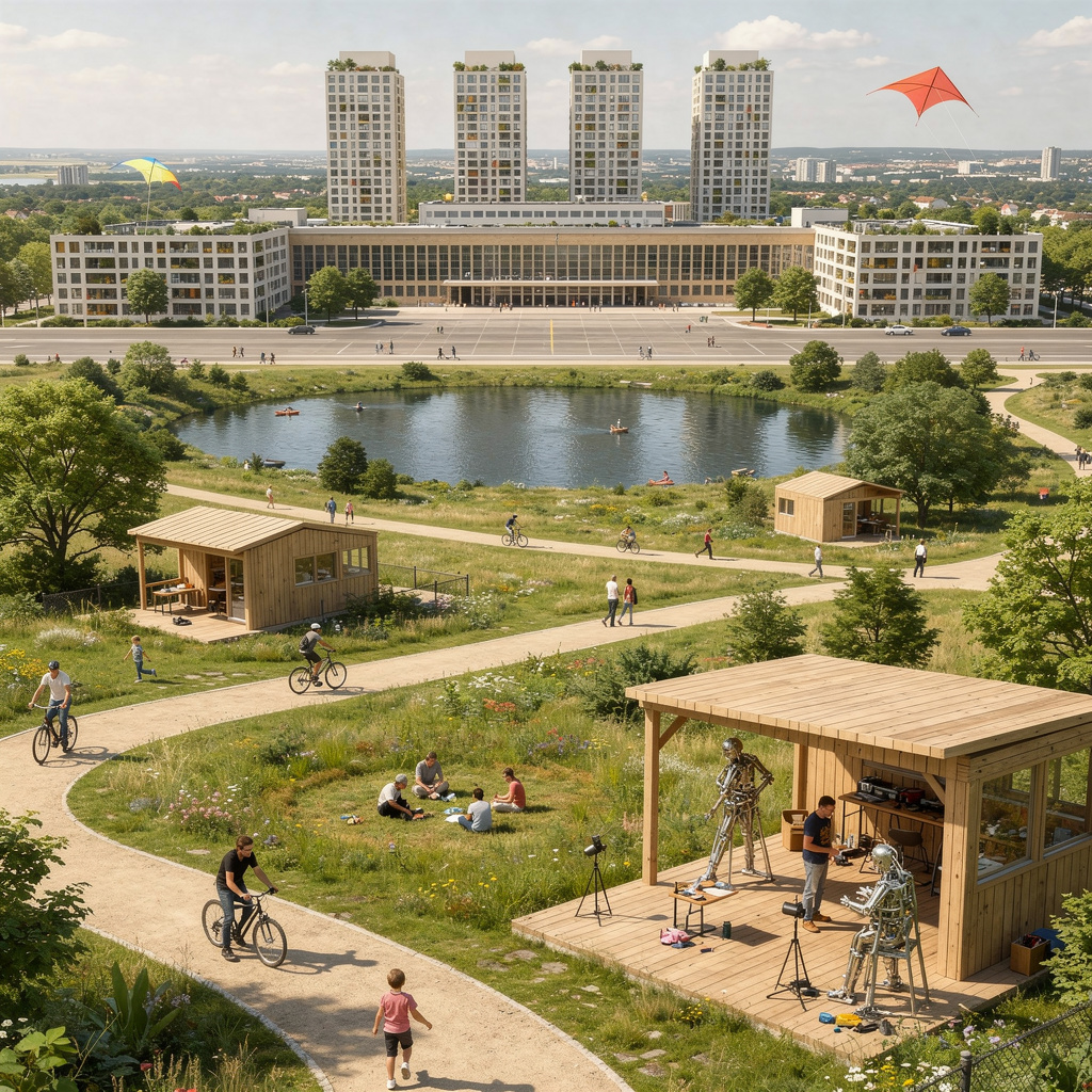 Überarbeitete Vision des Tempelhofer Feldes ohne Autos, Wohnblöcke links und rechts vom Terminal, mehr Grün um den See.