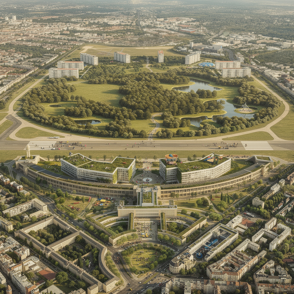 Zukunftsvision des Tempelhofer Feldes mit Wäldern, Seen auf der Wiesenfläche, Bebauung auf dem Rollfeld und begrünten Dächern am Flughafengebäude mit Aussichtspunkten.