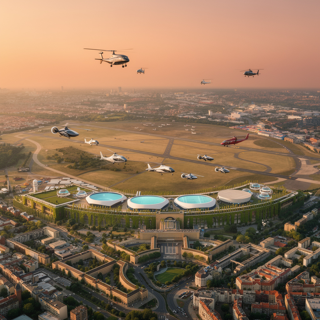 Zukunftsvision des Tempelhofer Feldes als aktiver Flughafen bei Sonnenaufgang mit begrüntem Terminalgebäude, Dachterrassen mit Schwimmbädern und zahlreichen Luftfahrzeugen
