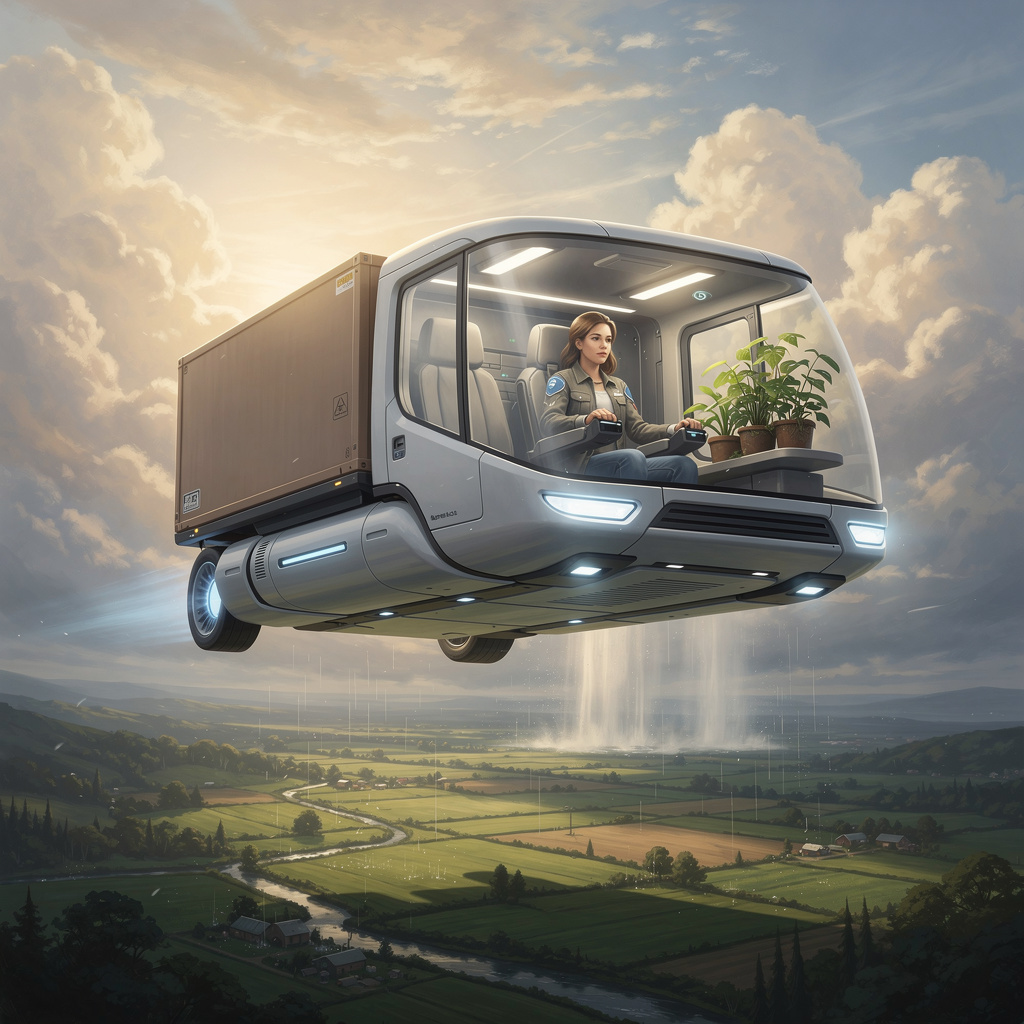Eine LKW-Fahrerin steuert im Jahr 2040 einen schwebenden Fluglasttransporter durch die Wolken – mit Regen für die Erde und blühenden Pflanzen im Cockpit, als Symbol für mehr Freiraum und Ausgleich in der Arbeitswelt der Zukunft.