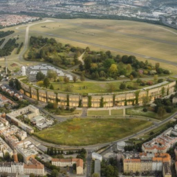 Zukunftsvision des Tempelhofer Feldes mit üppiger Begrünung der Wiesenfläche und des Rollfelds, sowie einem begrünten Dach am historischen Flughafengebäude mit neuer Nutzung.