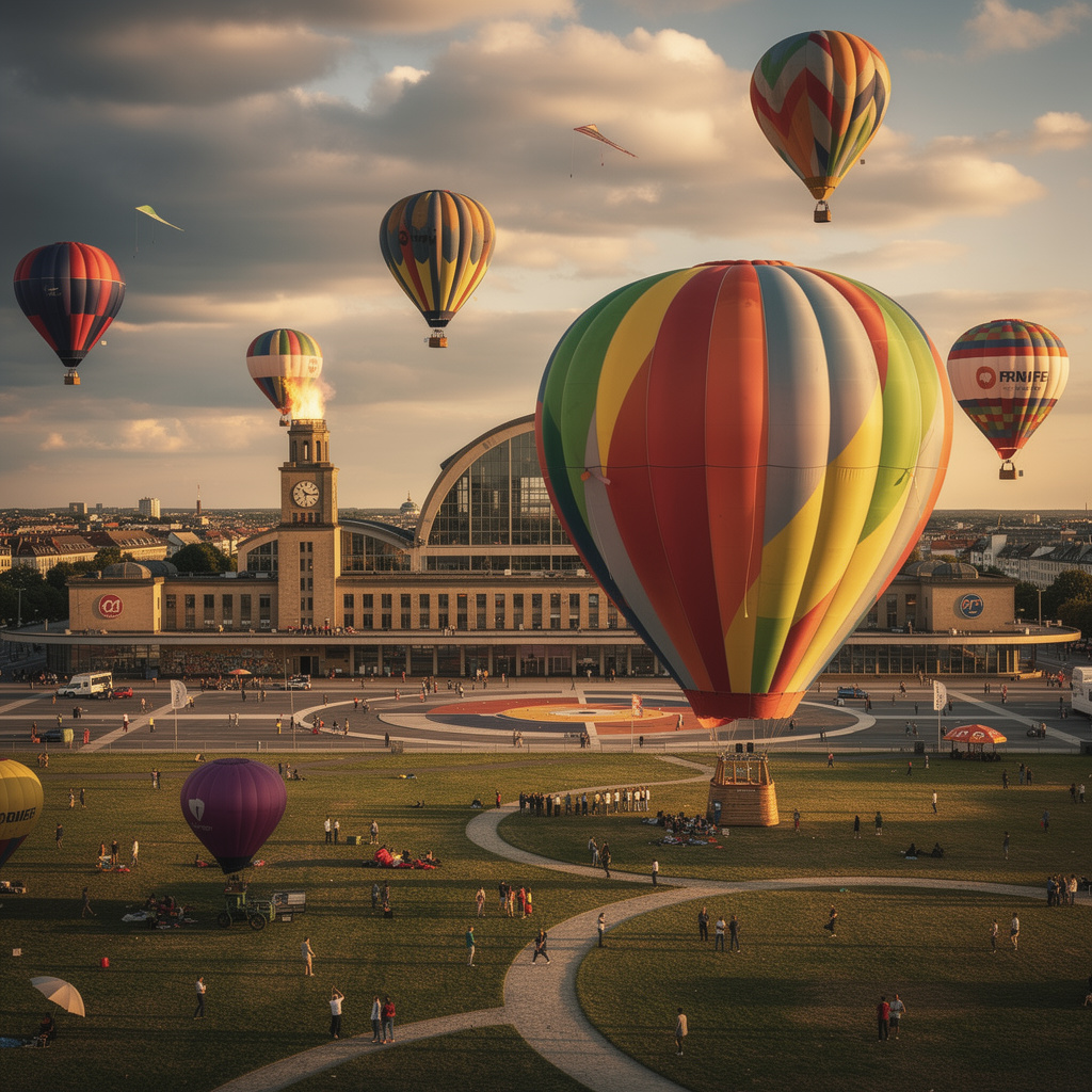 Ein dramatisches ultra-realistisches Ballonfest über dem Tempelhofer Feld mit dramatischer Beleuchtung und dynamischen startenden Ballons.