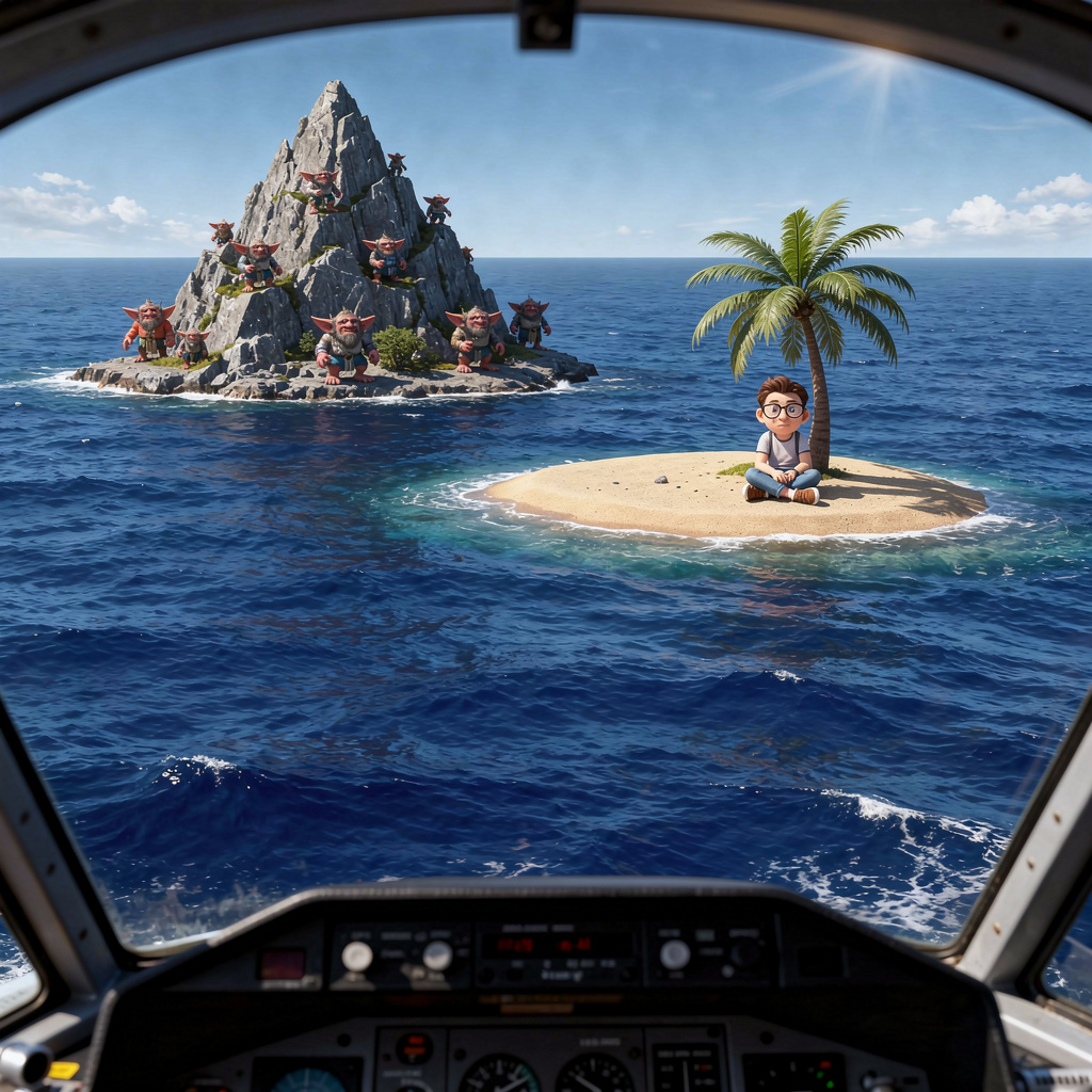 Zwei Inseln im endlosen Ozean: Eine mit Trollberg, eine mit Palme und deutlich sichtbarem Nerd - aus Flugzeug-Cockpit-Perspektive bei strahlendem Sonnenschein.