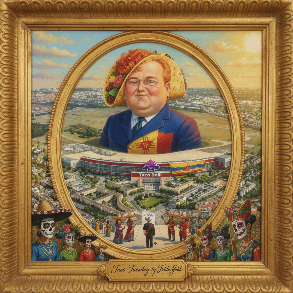 Eine surreale Vision im Stil von Frida Kahlo: Das Tempelhofer Feld bedeckt von einer riesigen New-Mexico-Flagge mit einem gigantischen Taco, aus dem ein Mann im blauen Anzug schaut. Das Flughafengebäude als Taco Bell, Mariachiband und Dia de los Muertos-Feiernde. Gerahmt in einem goldenen Bilderrahmen mit der Aufschrift "Taco Tuesday by Frida Kahlo".