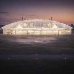 Vision für das Tempelhofer Feld aus maximaler Nähe: Das Flughafengebäude als leuchtende Ikone in extremster Detailnähe, umgeben von sanfter mystischer Energie - romantische Dämmerungsatmosphäre.