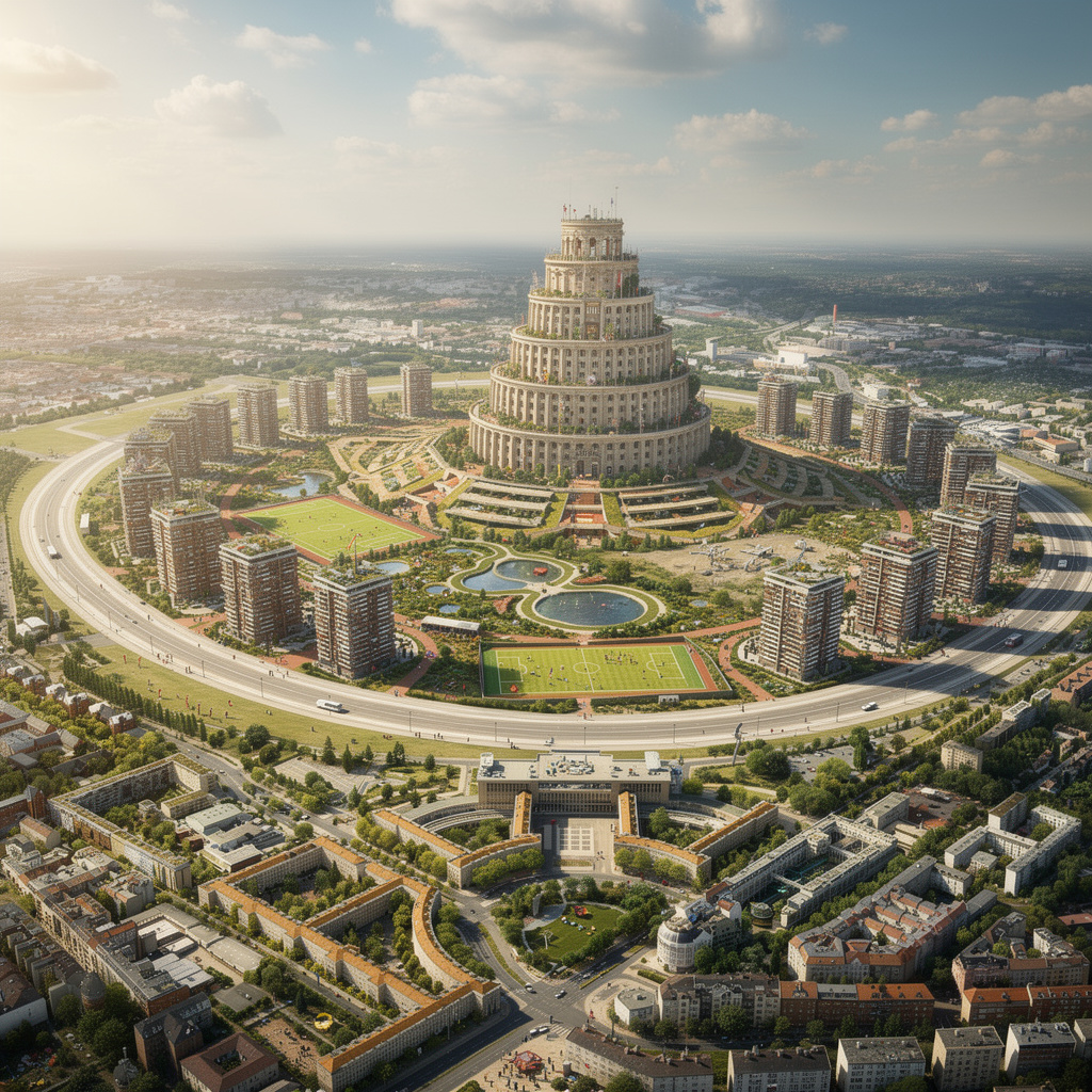 Zukunftsvision des Tempelhofer Feldes mit Turmbau zu Babel, Zikkurat-Gebäude, viel Grün, Sport- und Spielbereichen, weiter Winkel und sonnige Atmosphäre.