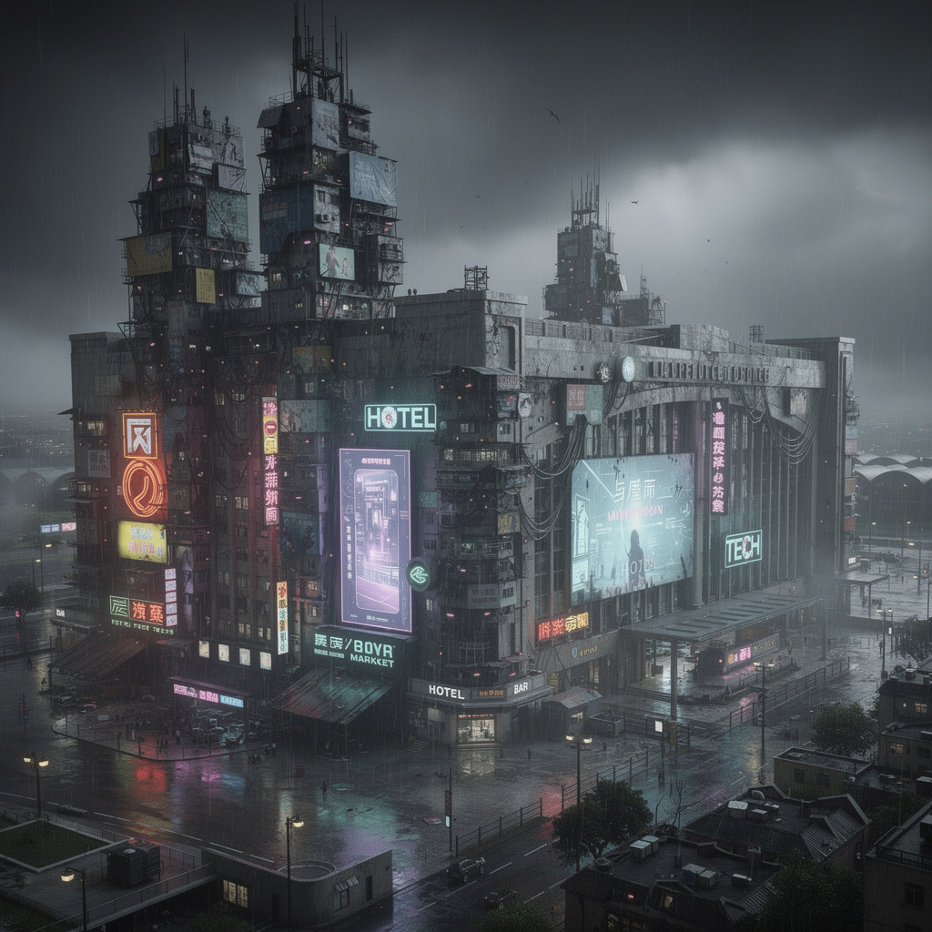 Düsteres Cyberpunk-Szenario des Tempelhofer Feldes mit Kowloon-Bebyggung und verfallendem Terminal.