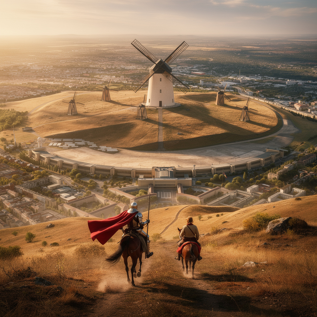 Eine Don-Quixote-inspirierte Vision des Tempelhofer Feldes: Dulcinea-Windmühlen mit Don Quixote und Sancho Pansa in dramatischem Abwärtsritt im Vordergrund.